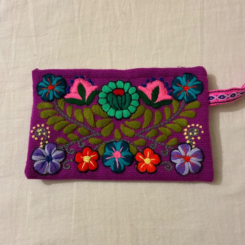 Purple Embroidered Floral Wristlet Zip Pouch Boho Makeup Bag 8.5x5.5